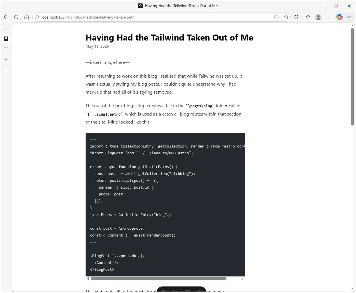 Screen shot of blog with Tailwind CSS styles added
